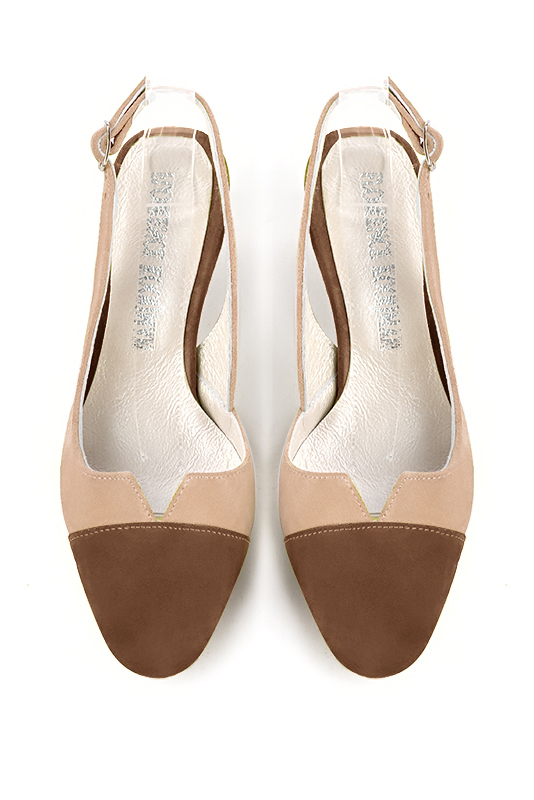 Chocolate brown and biscuit beige women's slingback shoes. Round toe. Medium comma heels. Top view - Florence KOOIJMAN